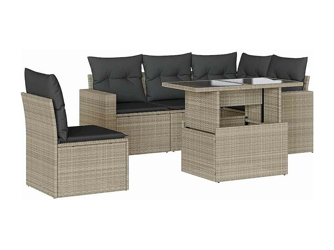 Salon de jardin 6 pièces avec coussins gris clair résine tressée