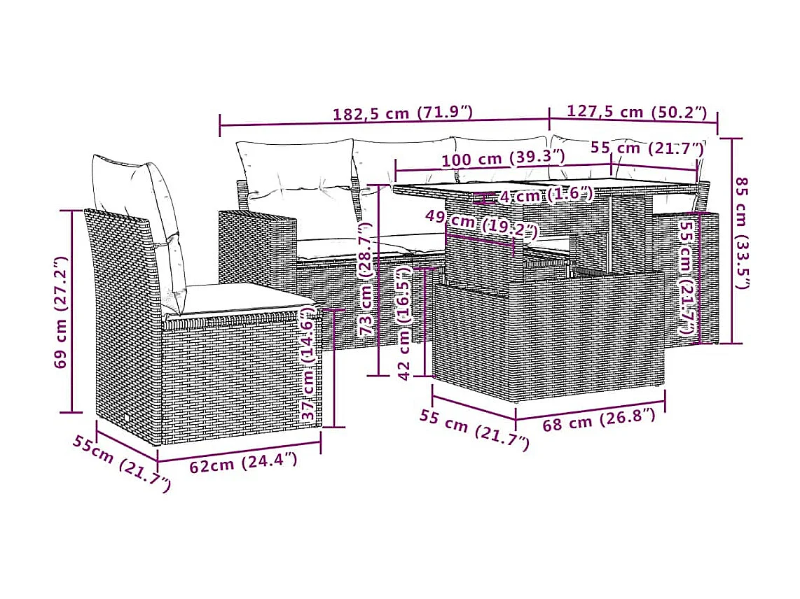 Salon de jardin 6 pièces avec coussins gris clair résine tressée