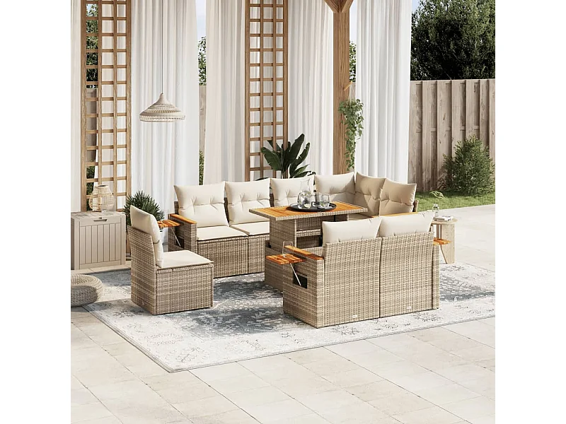 Salon de jardin avec coussins 9 pièces beige résine tressée