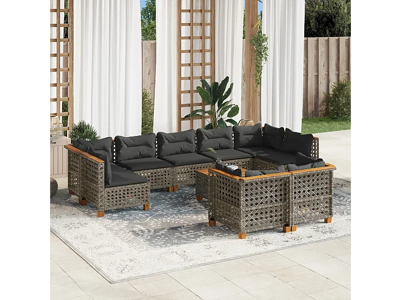 10 peças conjunto sofás de jardim com almofadões vime PE cinzento