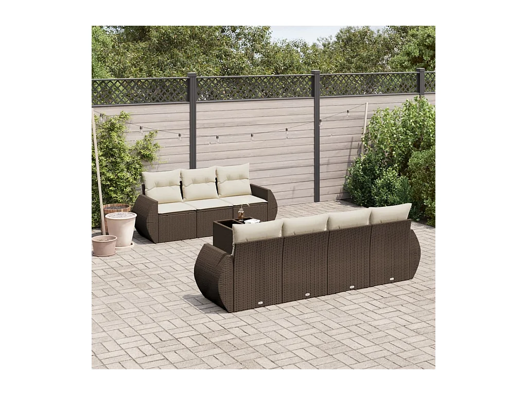 Salon de jardin 8 pièces avec coussins marron résine tressée