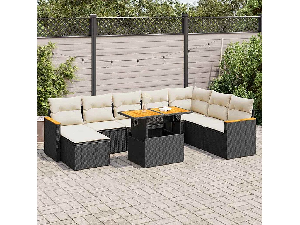 Salon de jardin avec coussins 9 pièces noir résine tressée acacia