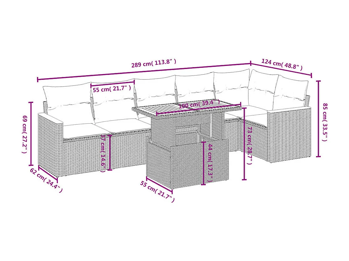 Salon de jardin avec coussins 7 pièces beige résine tressée