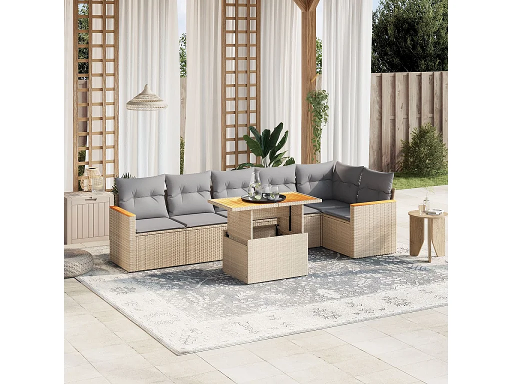Salon de jardin avec coussins 7 pièces beige résine tressée