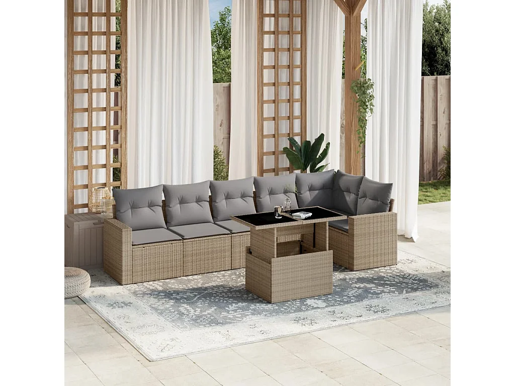 7 peças conjunto de sofás para jardim com almofadões vime PE bege