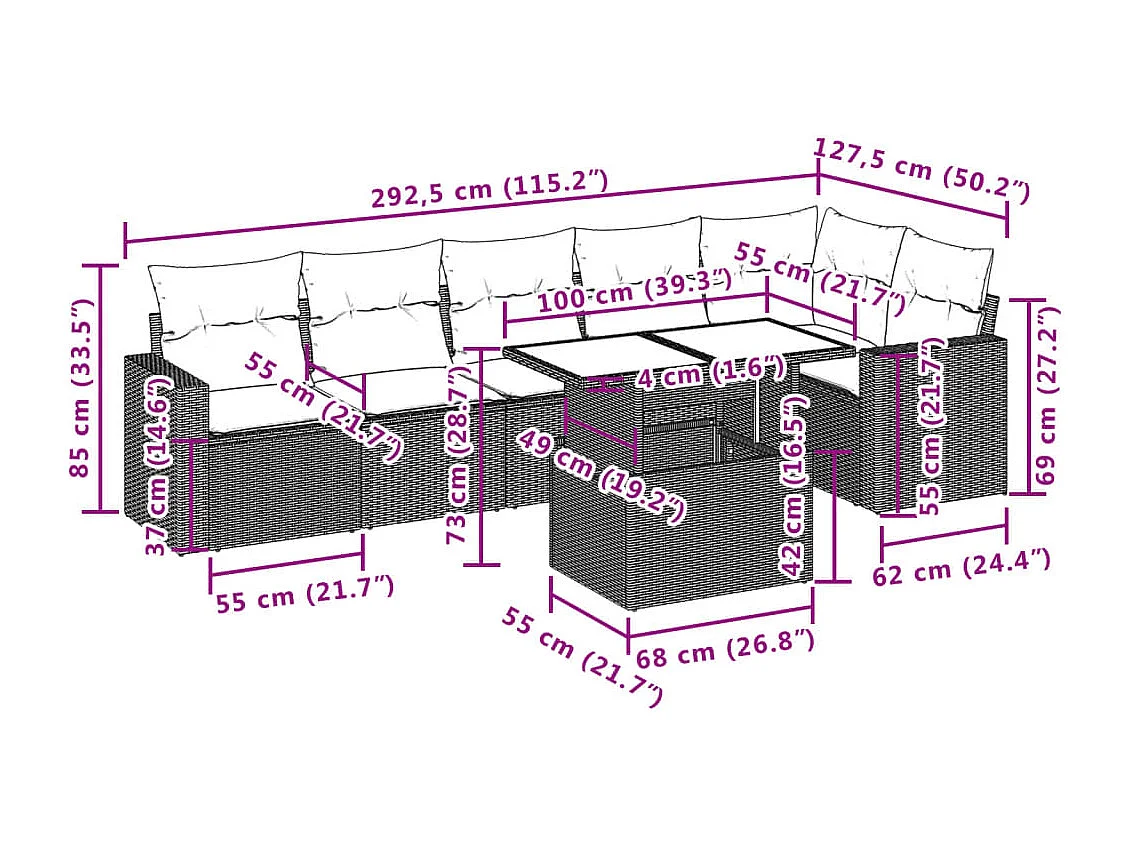 7 peças conjunto de sofás para jardim com almofadões vime PE bege