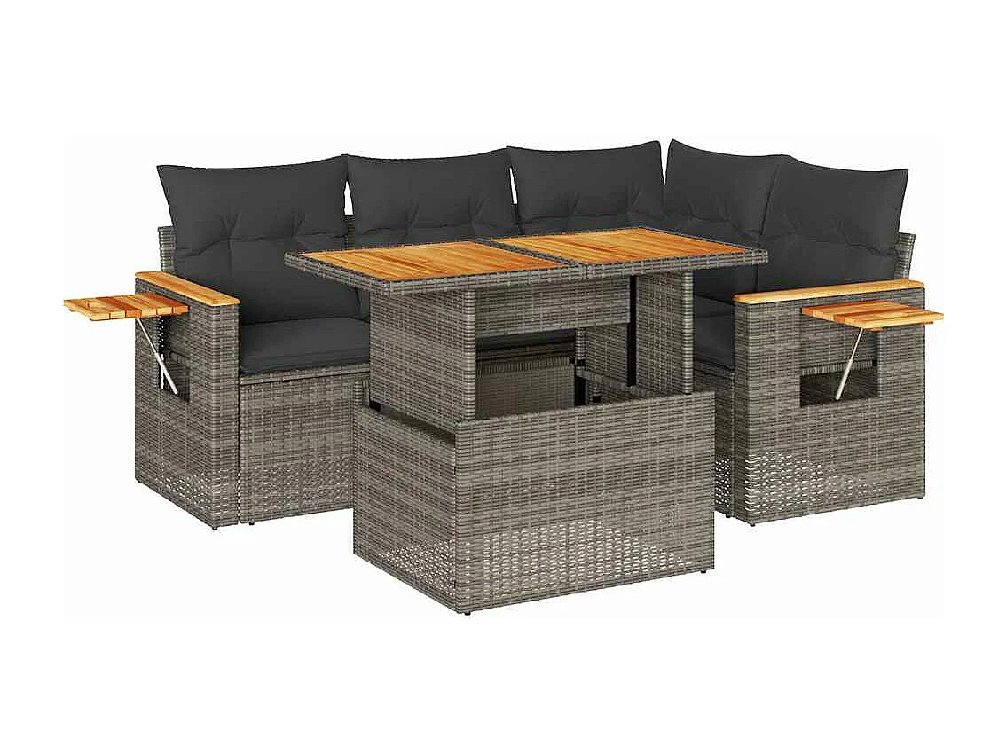 5-delige Loungeset met kussens poly rattan acacia grijs