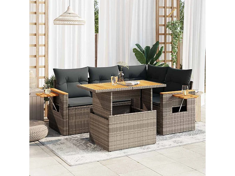 5-delige Loungeset met kussens poly rattan acacia grijs