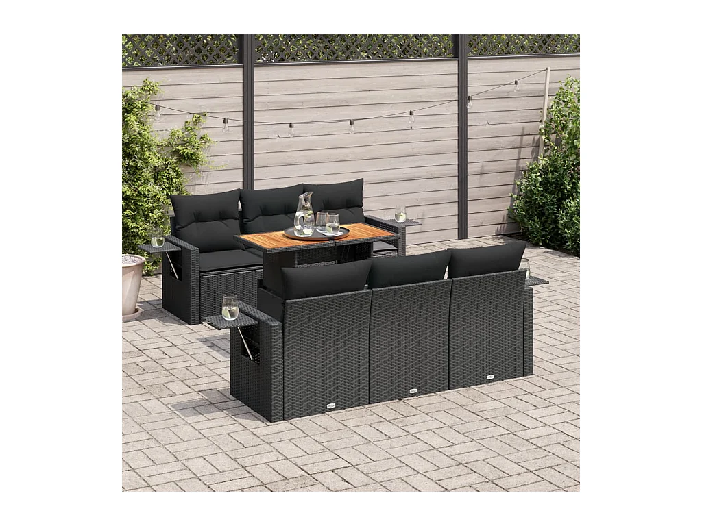 Salon de jardin 7 pièces avec coussins noir résine tressée