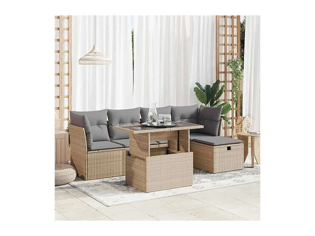 Salon de jardin avec coussins 6 pièces beige résine tressée