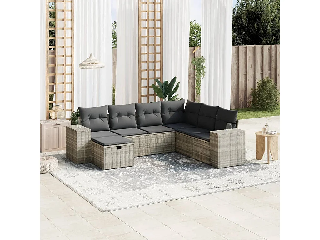 7-delige Loungeset met kussens poly rattan lichtgrijs