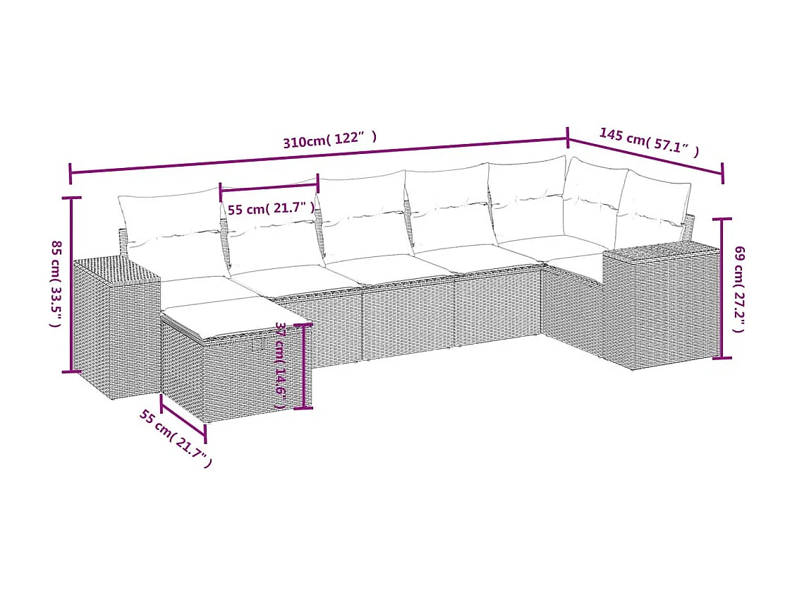 7-delige Loungeset met kussens poly rattan lichtgrijs
