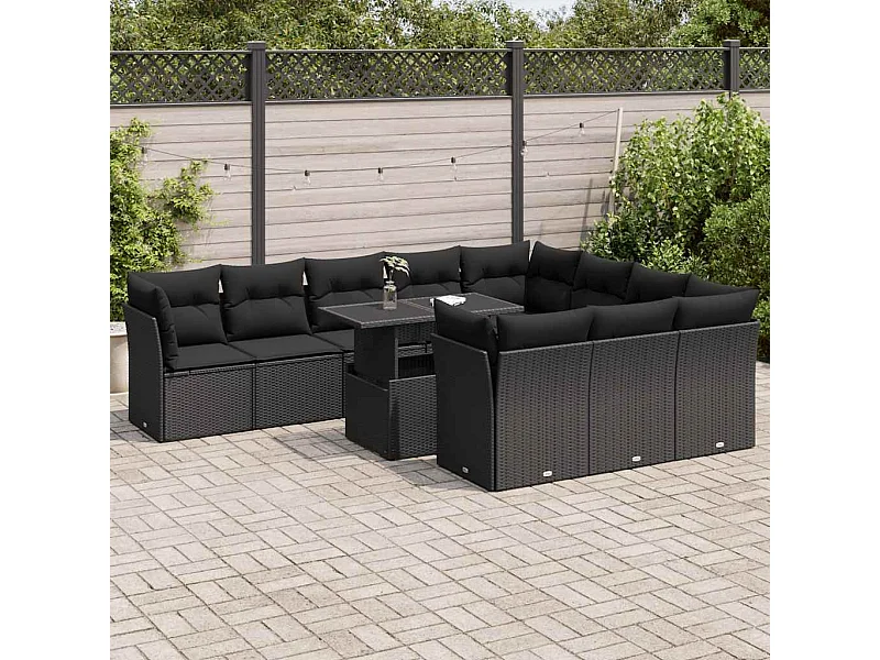 11 peças conjunto sofás de jardim com almofadões vime PE preto