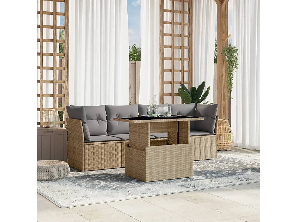 Salon de jardin avec coussins 5 pièces beige résine tressée