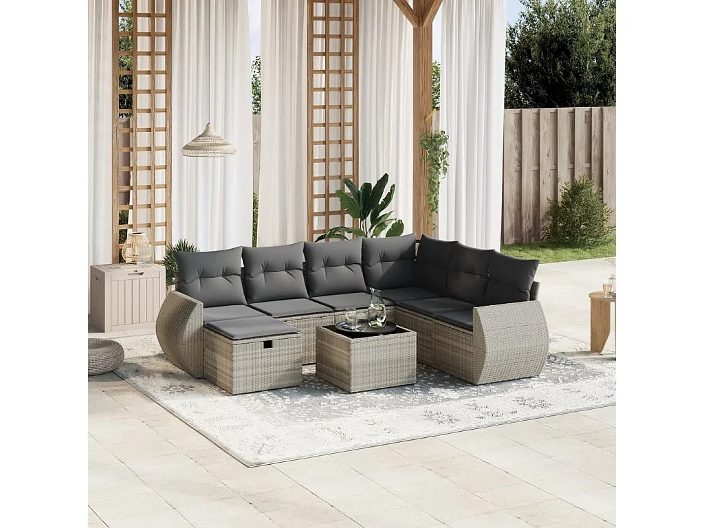 Salon de jardin 8 pièces avec coussins gris clair résine tressée