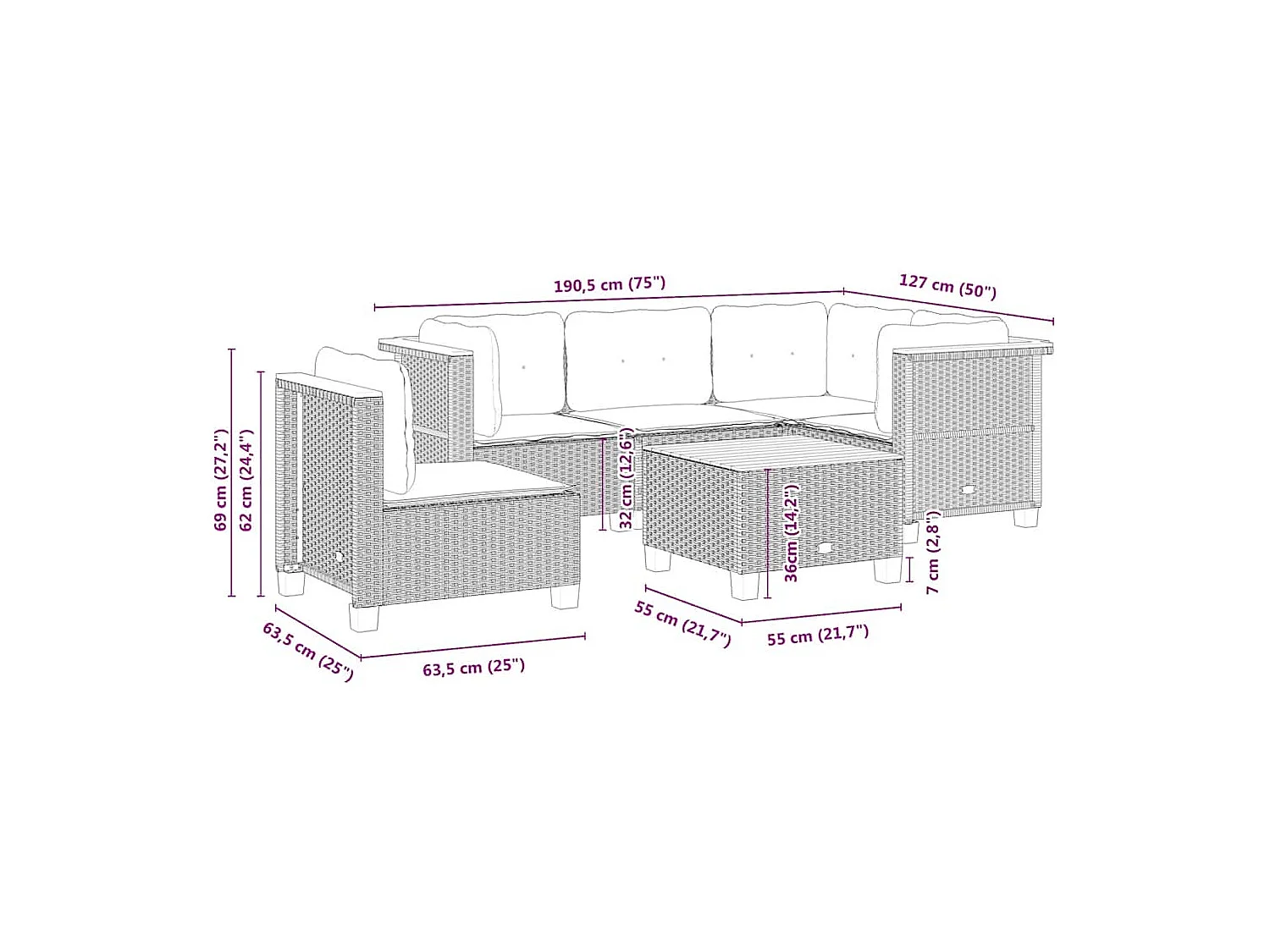 6-delige Loungeset met kussens poly rattan beige