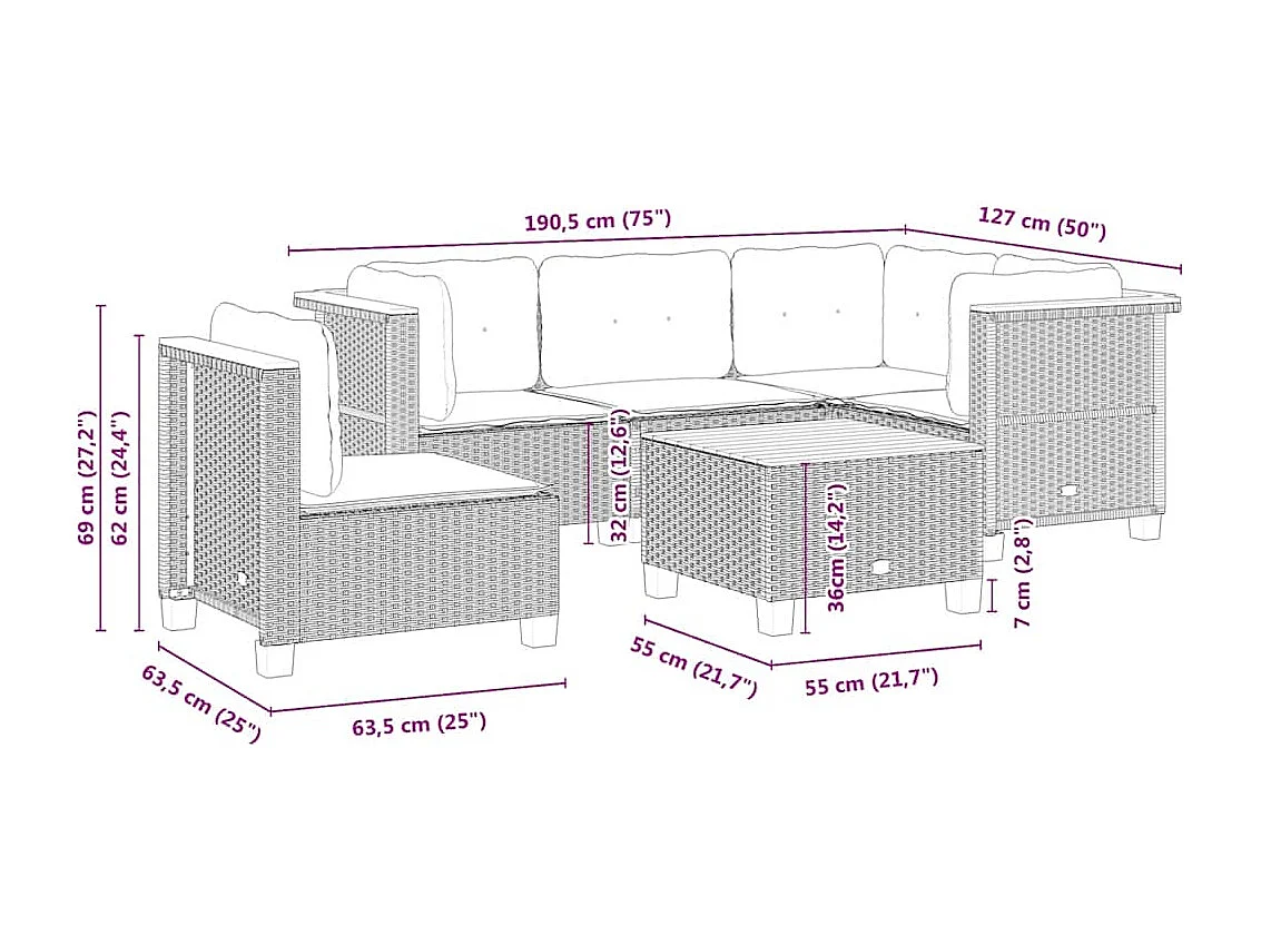 6-delige Loungeset met kussens poly rattan beige