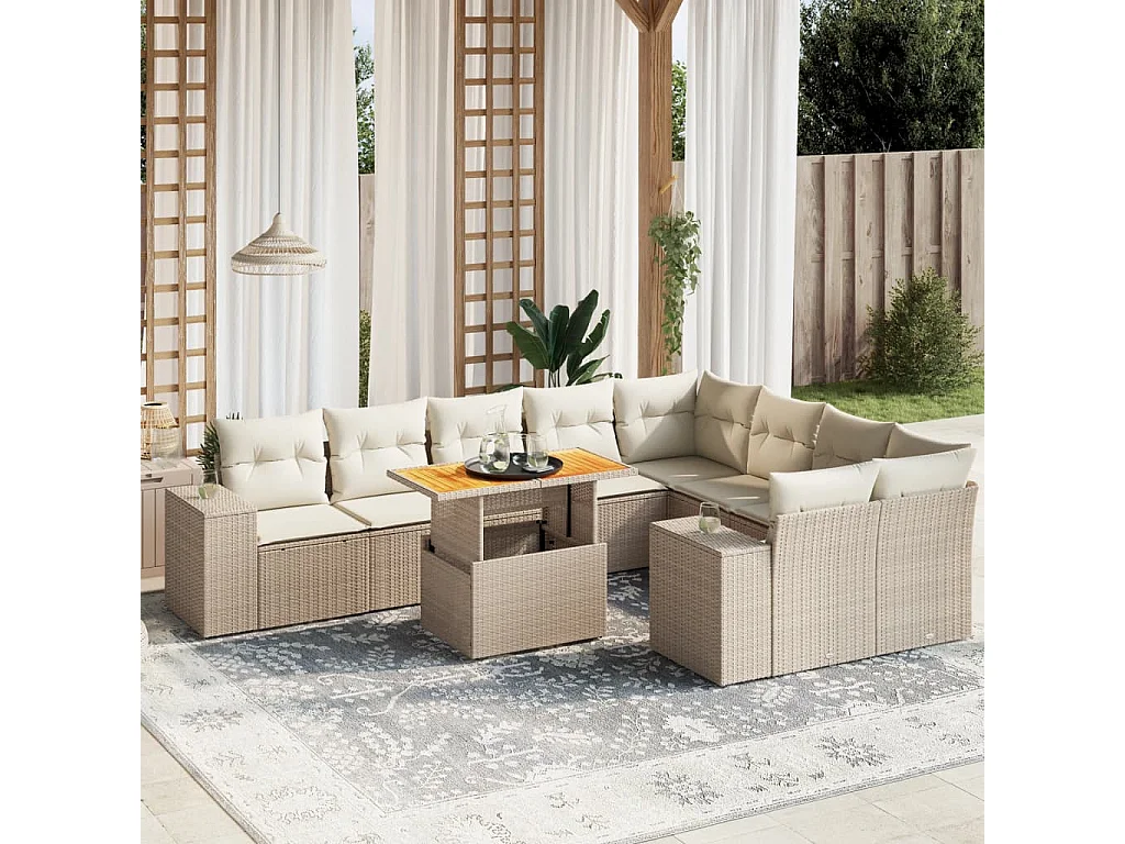 Salon de jardin avec coussins 10 pièces beige résine tressée