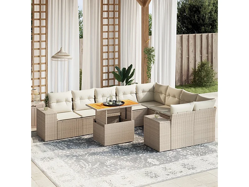 10-delige Loungeset met kussens poly rattan beige