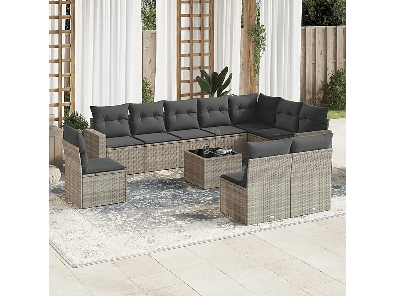 11 peças conjunto sofás de jardim com almofadões vime PE cinzento