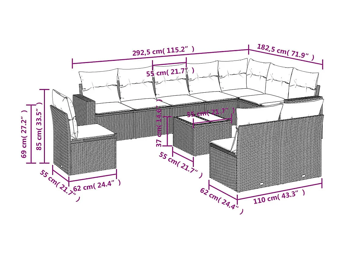 11-delige Loungeset met kussens poly rattan lichtgrijs