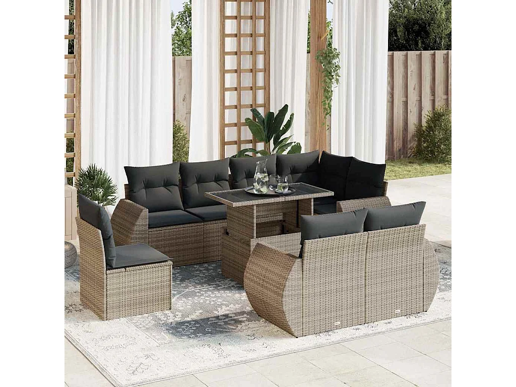 9-delige Loungeset met kussens poly rattan grijs
