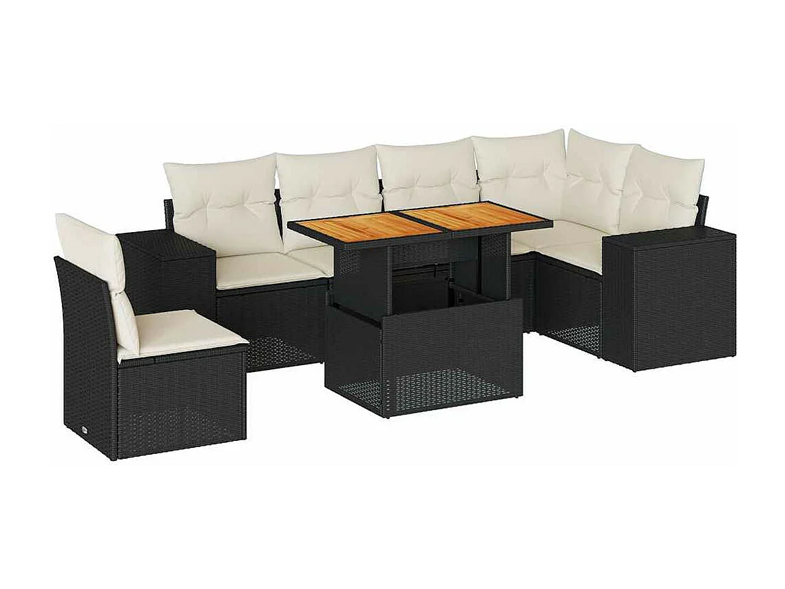 Set de sofás de jardín 7 piezas con cojines ratán sintético negro
