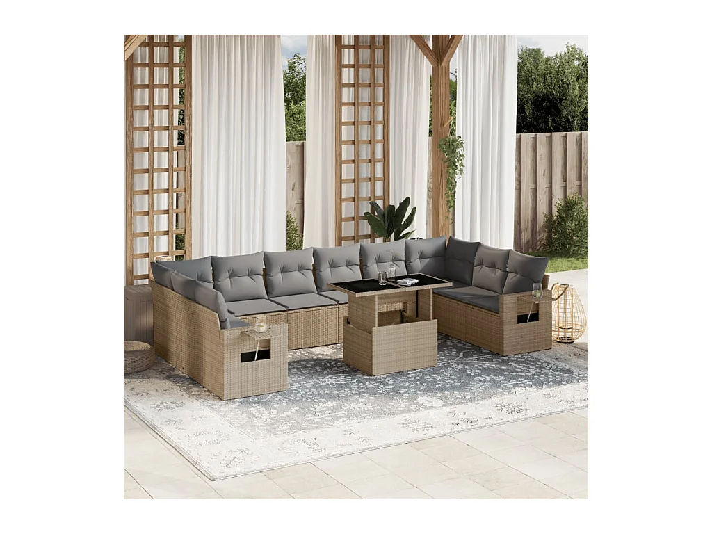 Salon de jardin 11 pièces avec coussins beige résine tressée