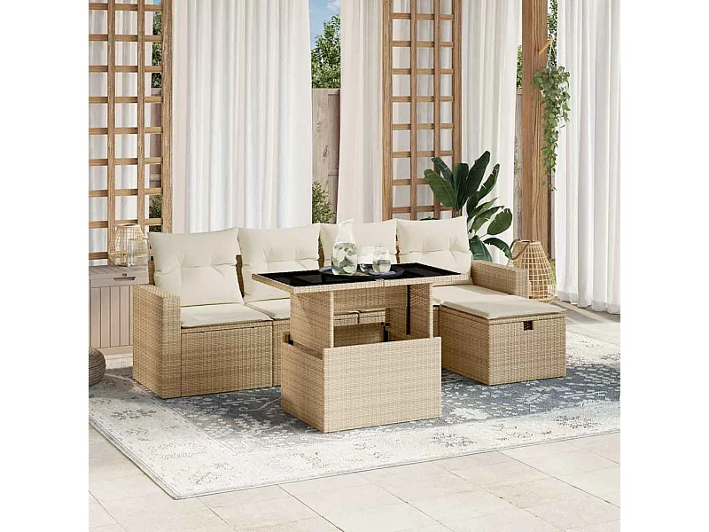 Salon de jardin avec coussins 6 pièces beige résine tressée