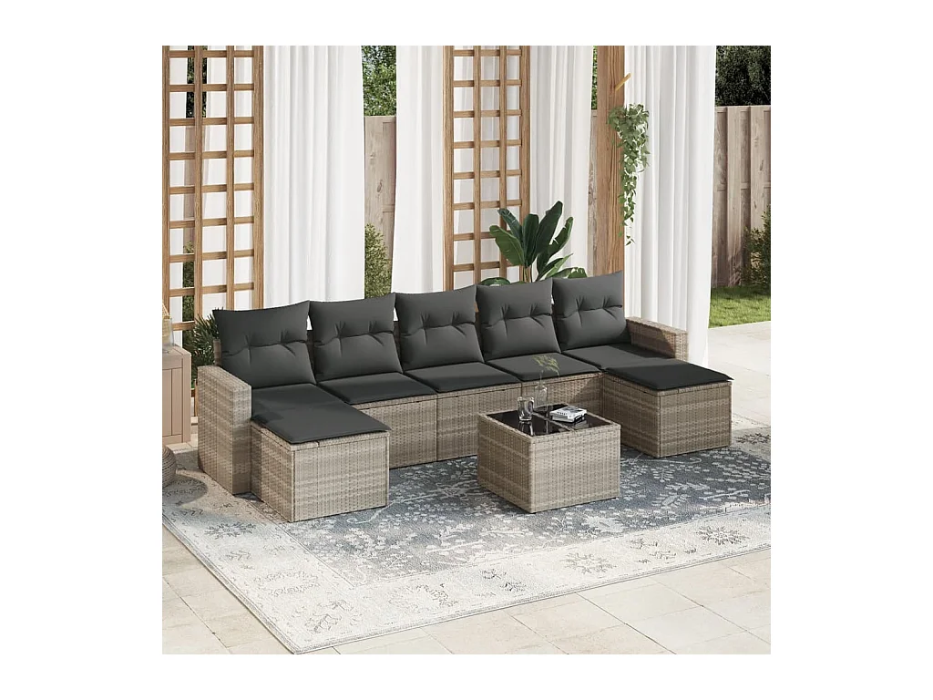 Salon de jardin 8 pièces avec coussins gris clair résine tressée