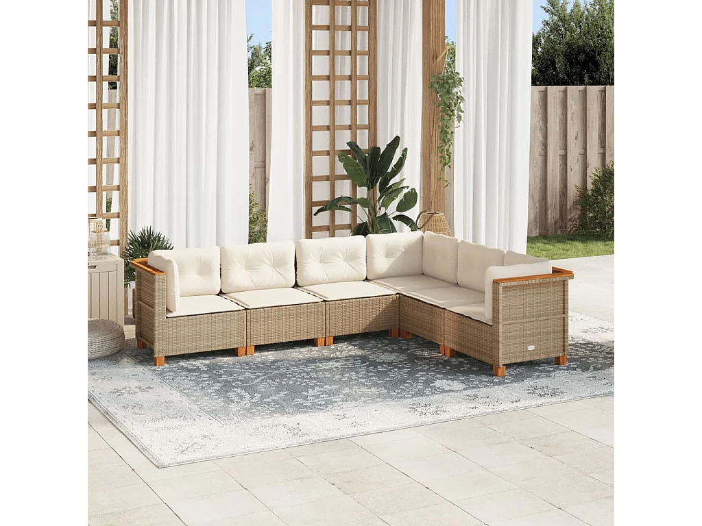 6-delige Loungeset met kussens poly rattan beige
