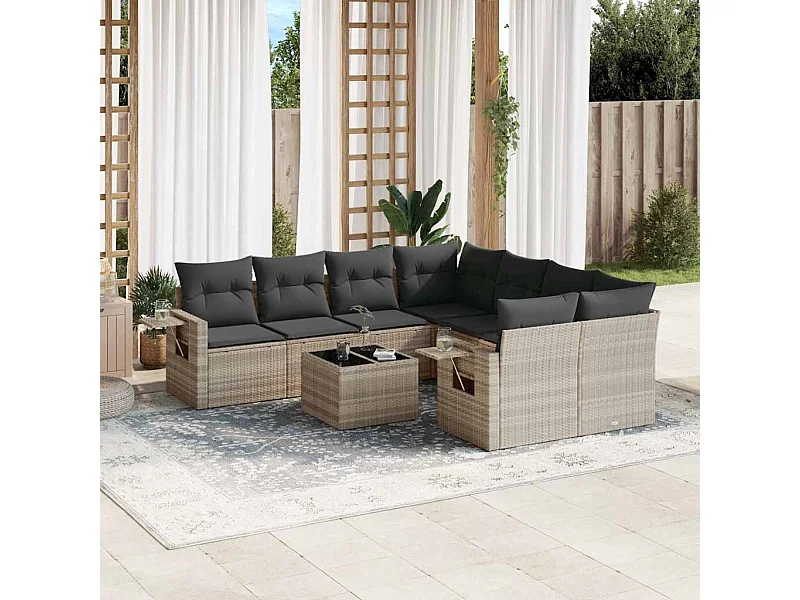 Set muebles jardín 9 piezas y cojines ratán sintético gris claro