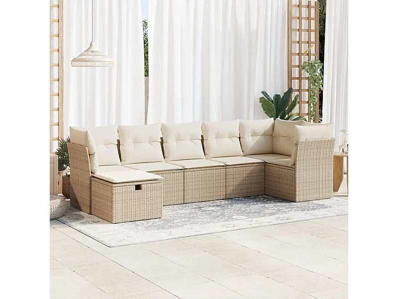 7-delige Loungeset met kussens poly rattan beige
