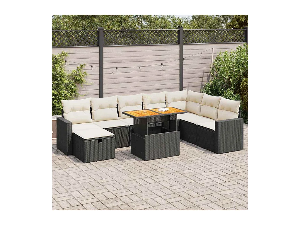 Salon de jardin avec coussins 9 pièces noir résine tressée acacia