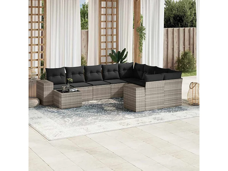 10-delige Loungeset met kussens poly rattan lichtgrijs
