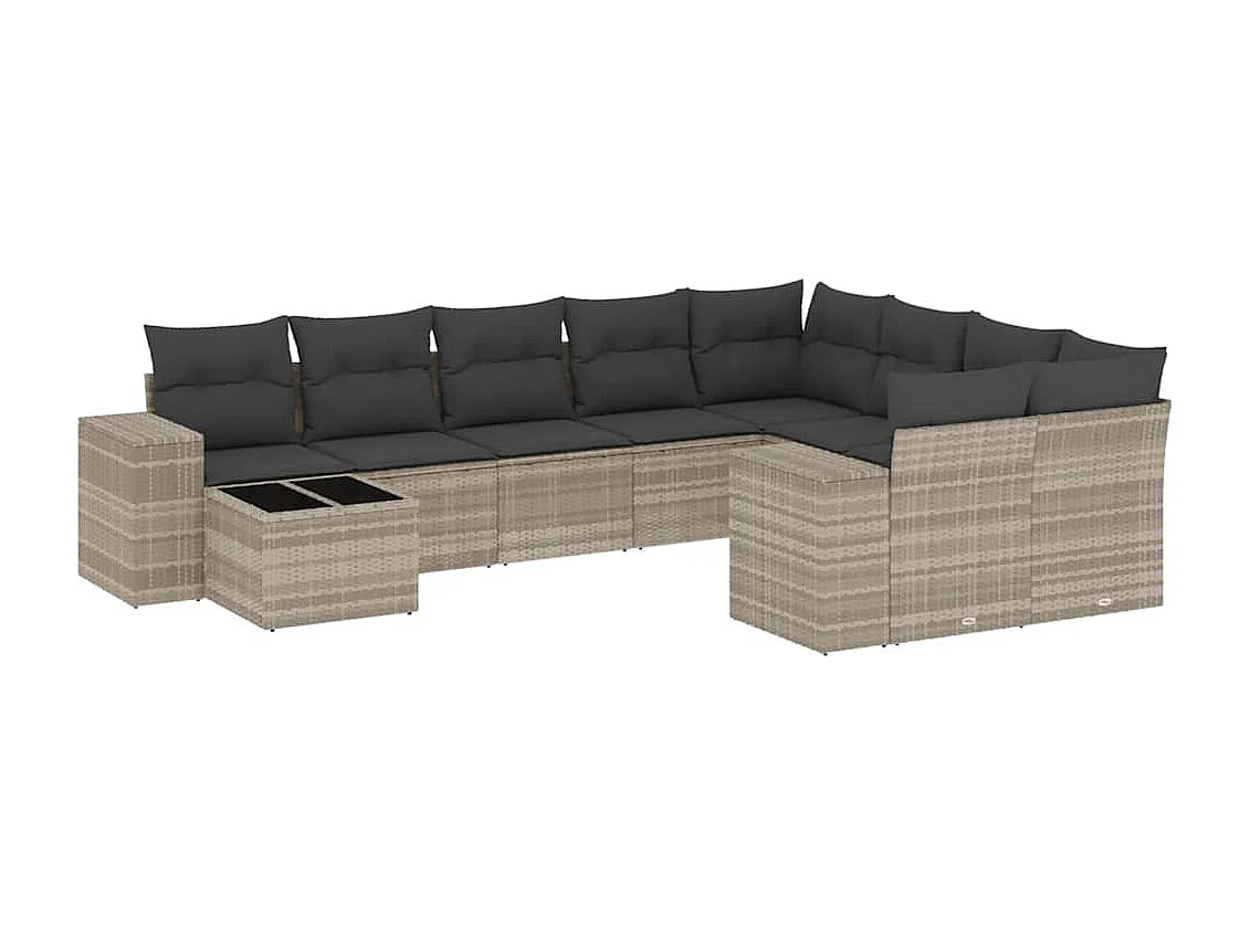10-delige Loungeset met kussens poly rattan lichtgrijs