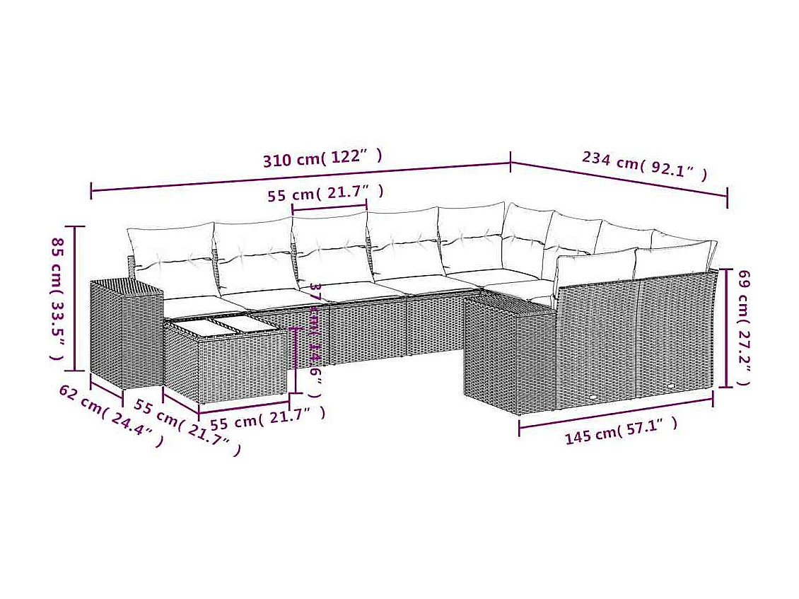 10-delige Loungeset met kussens poly rattan lichtgrijs