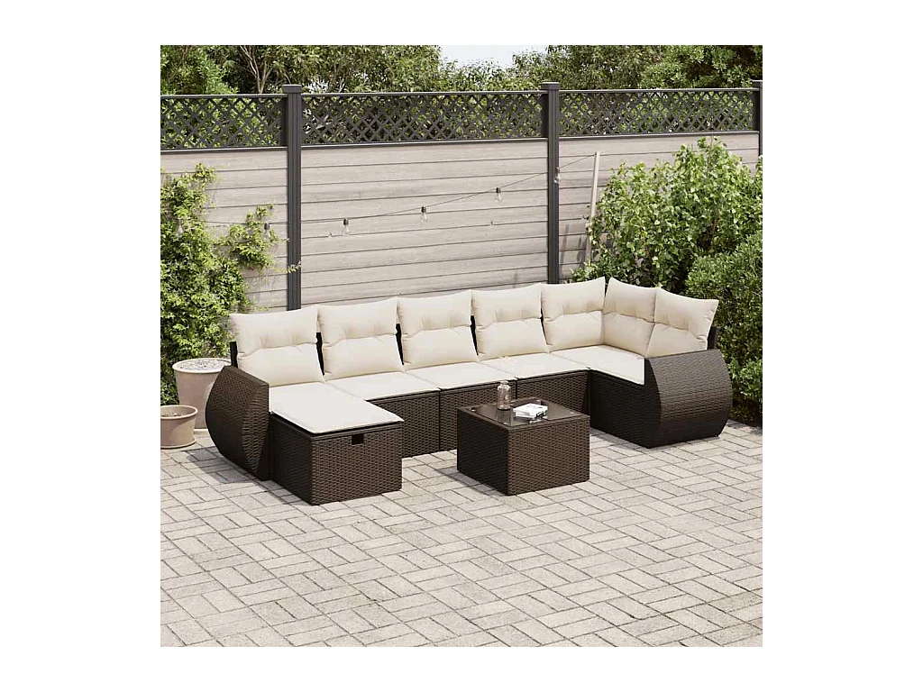Salon de jardin 8 pièces avec coussins marron résine tressée