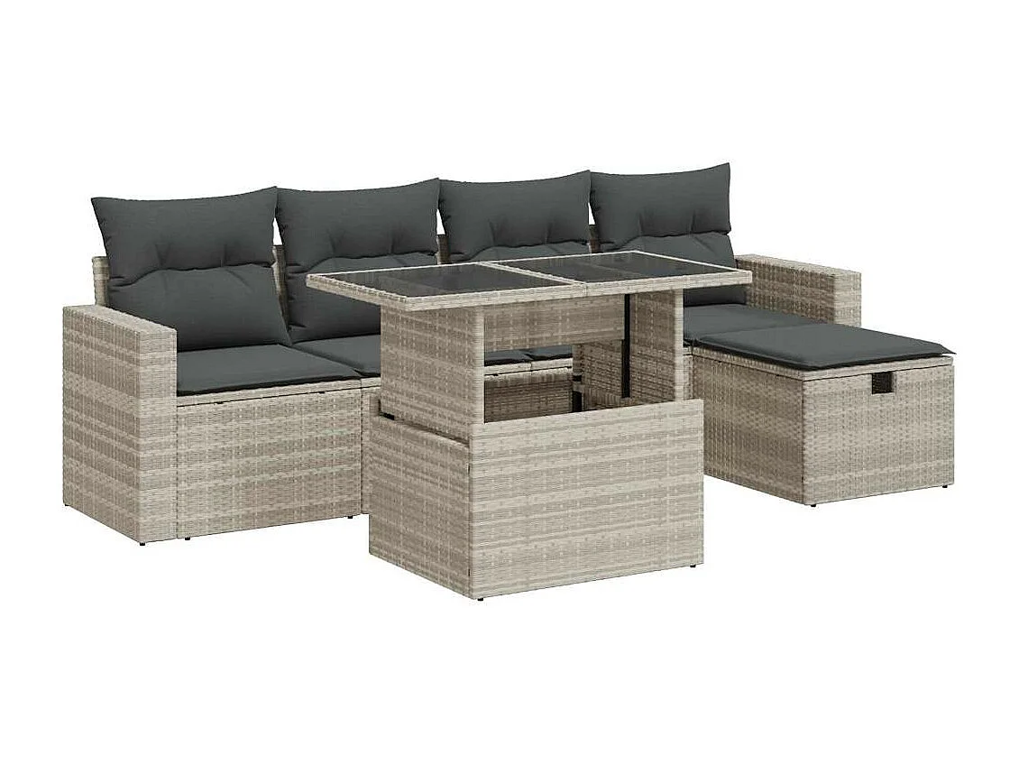 6-delige Loungeset met kussens poly rattan lichtgrijs