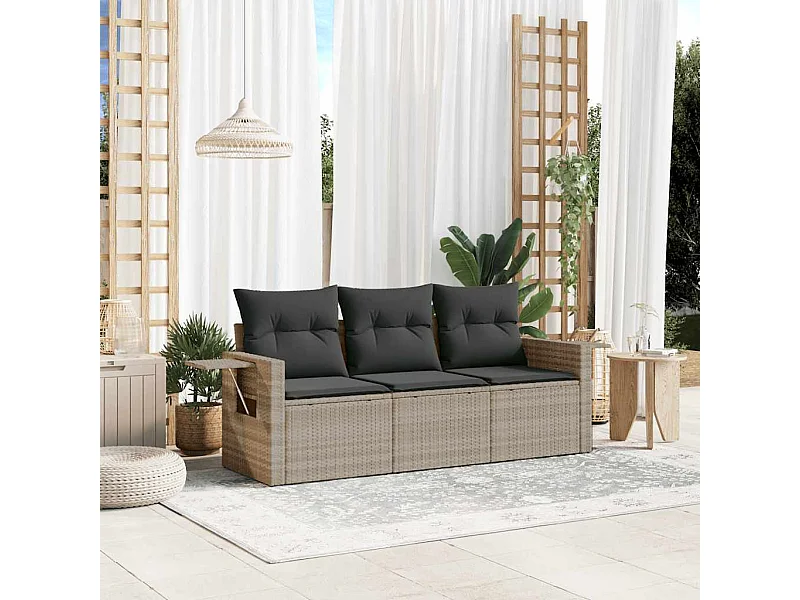 Salon de jardin avec coussins 3 pièces gris clair résine tressée