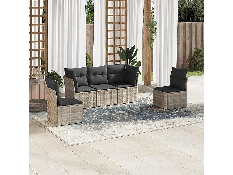 Salon de jardin 5 pièces avec coussins gris clair résine tressée