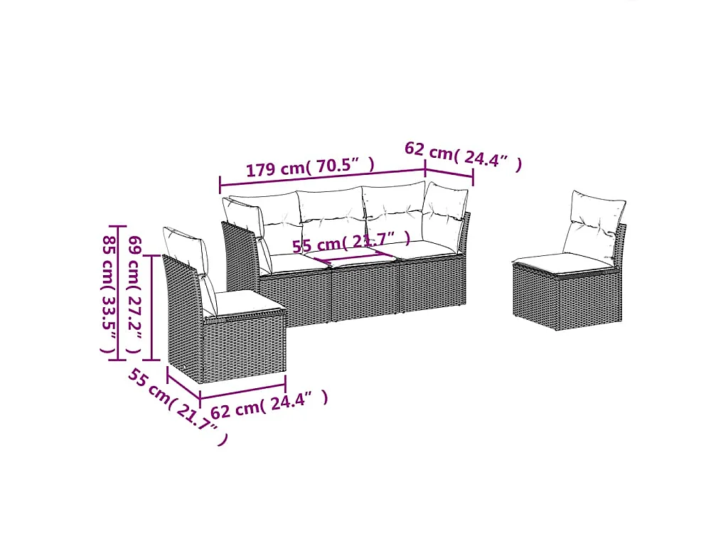 5-delige Loungeset met kussens poly rattan lichtgrijs