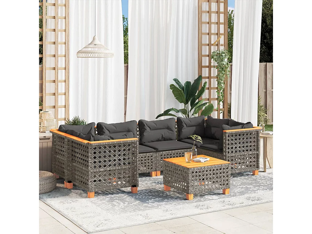 Set de sofás de jardín 7 piezas con cojines ratán sintético gris