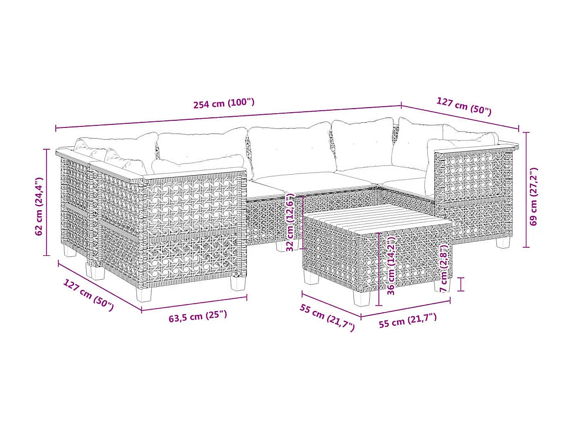Set de sofás de jardín 7 piezas con cojines ratán sintético gris