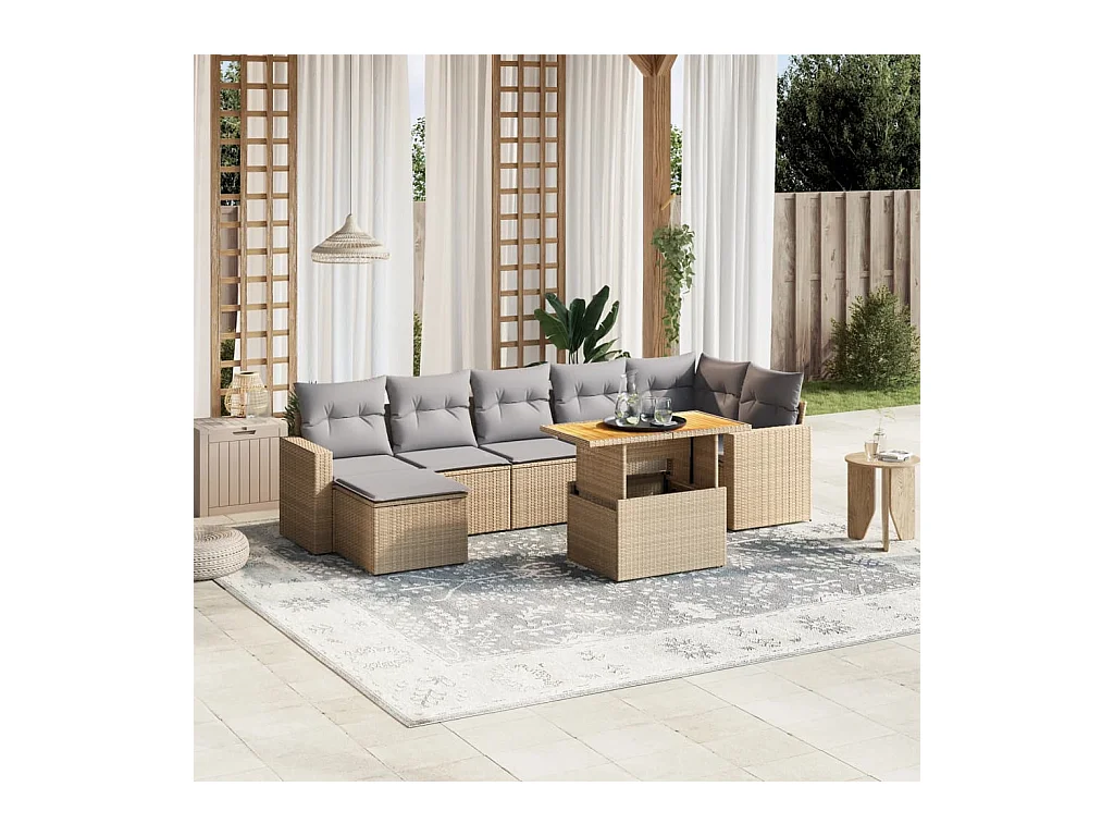 Salon de jardin avec coussins 8 pièces beige résine tressée