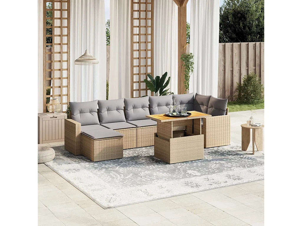 Salon de jardin avec coussins 8 pièces beige résine tressée