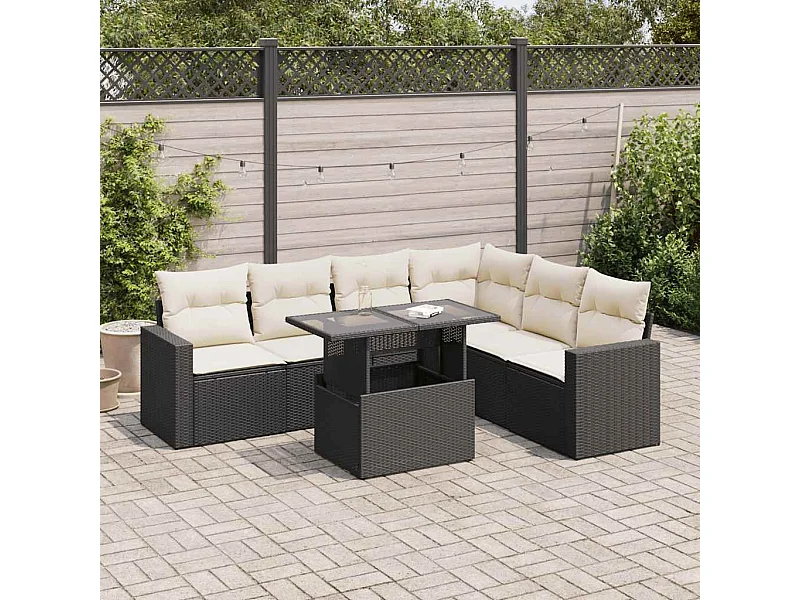 7-delige Loungeset met kussens poly rattan zwart