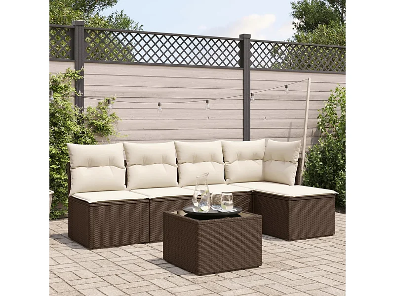 Set sofás de jardín 6 piezas y cojines ratán sintético marrón