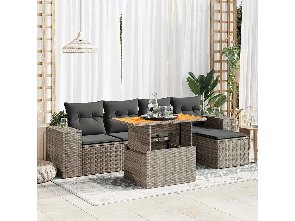 Set de muebles de jardín 6 piezas y cojines ratán sintético gris