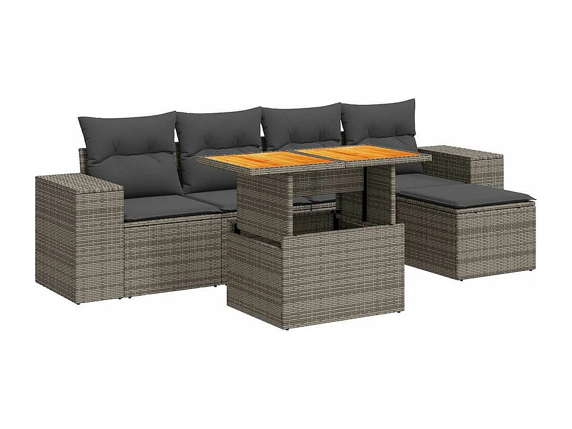 Set de muebles de jardín 6 piezas y cojines ratán sintético gris